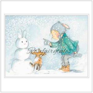Kerstkaart 2019 - Sneeupop met hondje - illustratie
