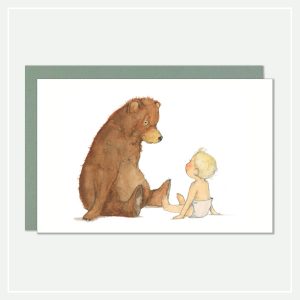 Geboortekaartje - postcard illustratie beer met baby