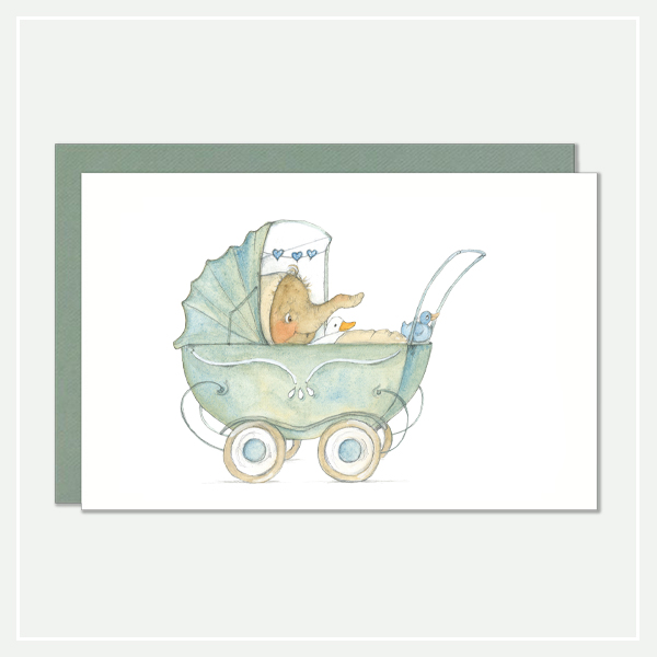 Geboortekaartje-postcard-illustratie-Beejee wandelwagen