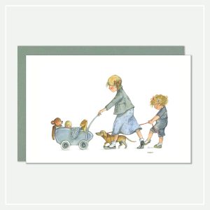 Kaart-postcard-illustratie-meisje met wandelwagen