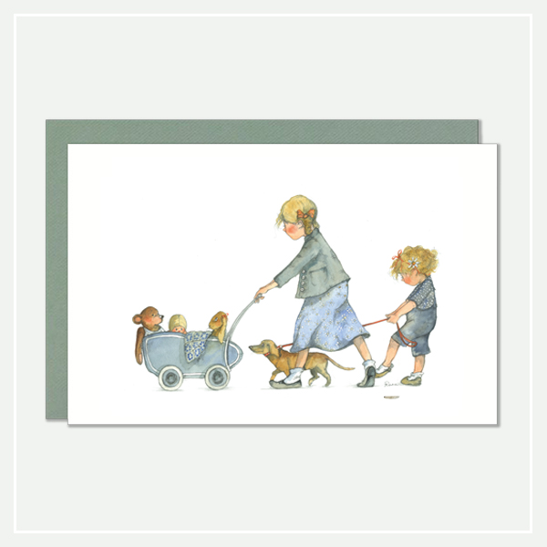 Kaart-postcard-illustratie-meisje met wandelwagen